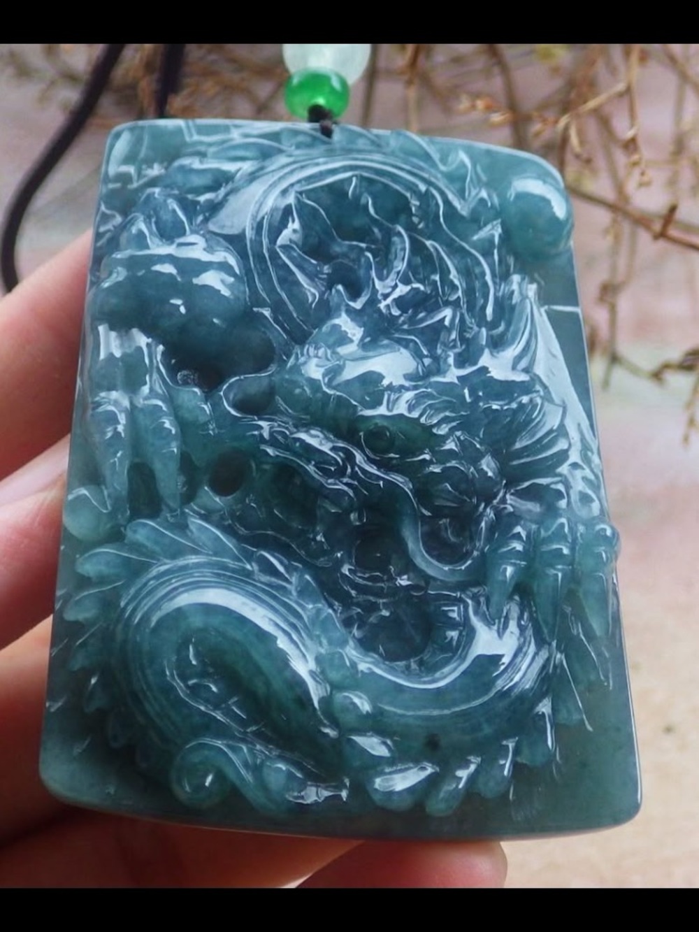 Exquisite carved Certificate JADEITE Jade Green rectangle wealth Dragon pendant